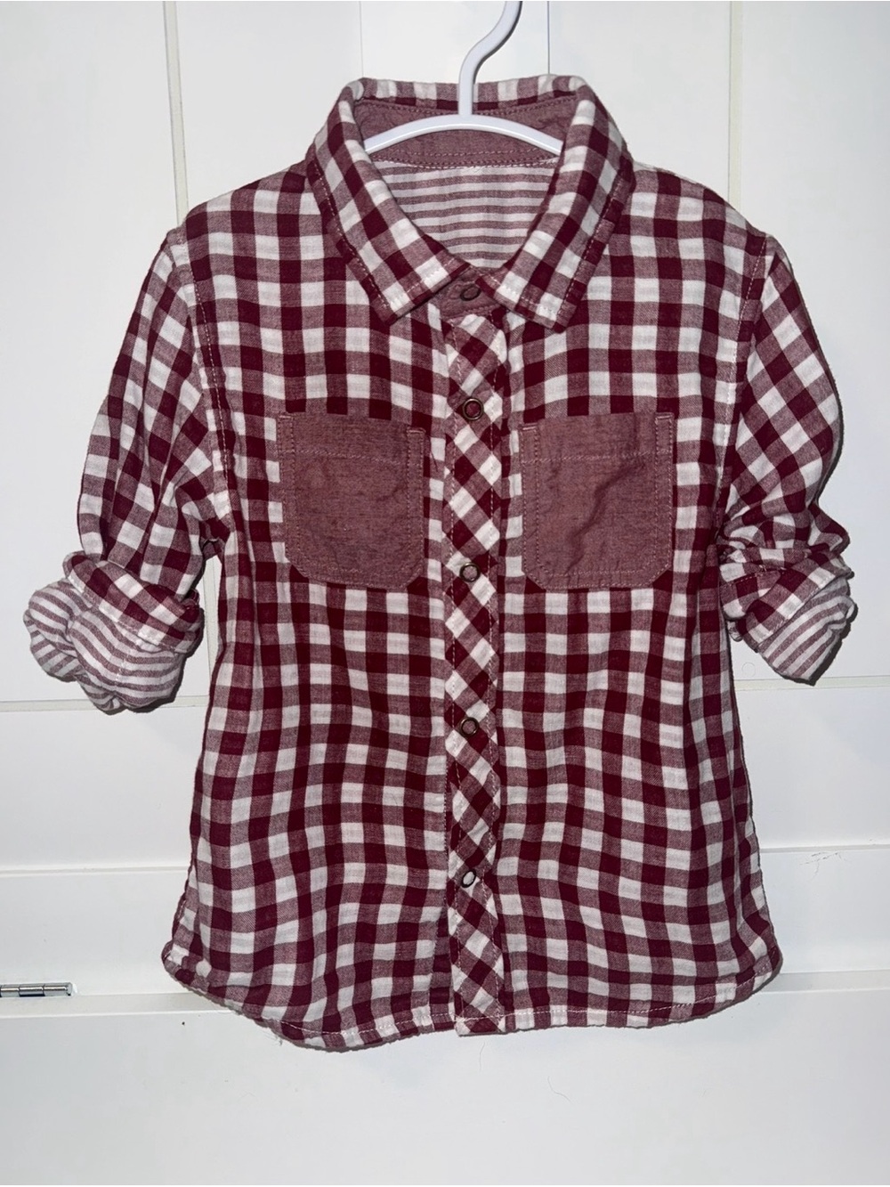 Plaid Button-Front Kids Shirt - Burgundy & White
